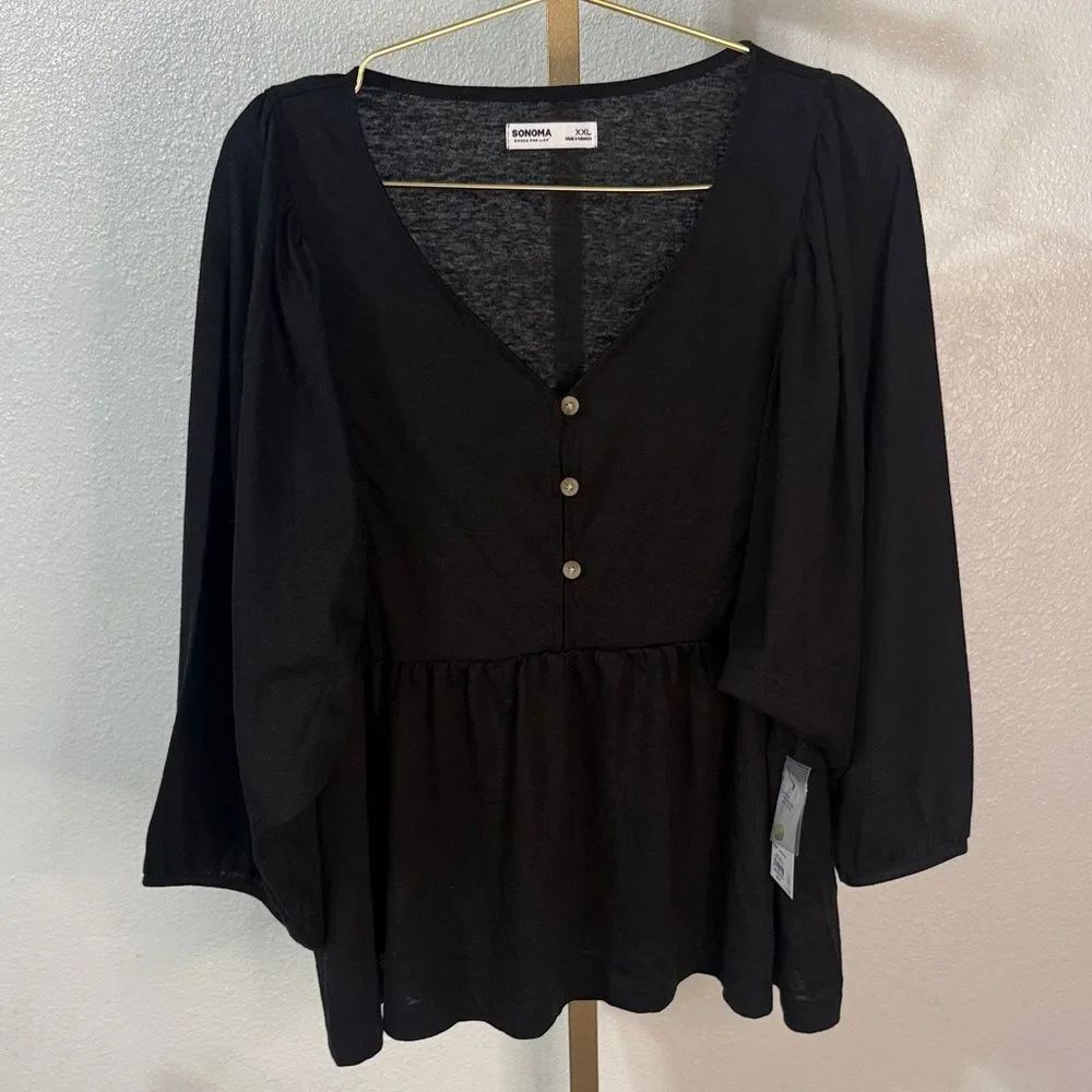 Sonoma Black V-Neck Blouse with Button Accents